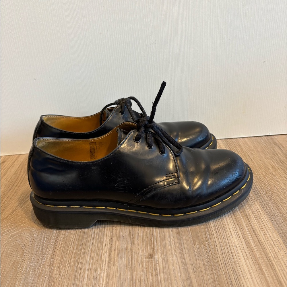 Dr. Martens Black Leather Oxford Flats with Yellow Stitching